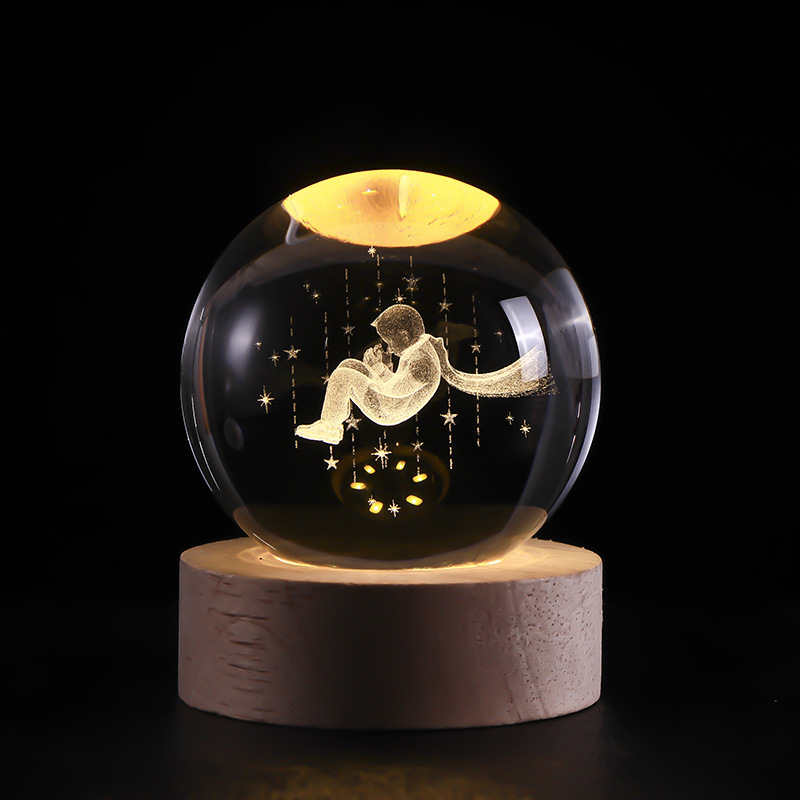 Bola de cristal luminosa, luz nocturna, cielo estrellado tallado en 3D, base de madera maciza, decoración de escritorio creativa, regalo de cumpleaños