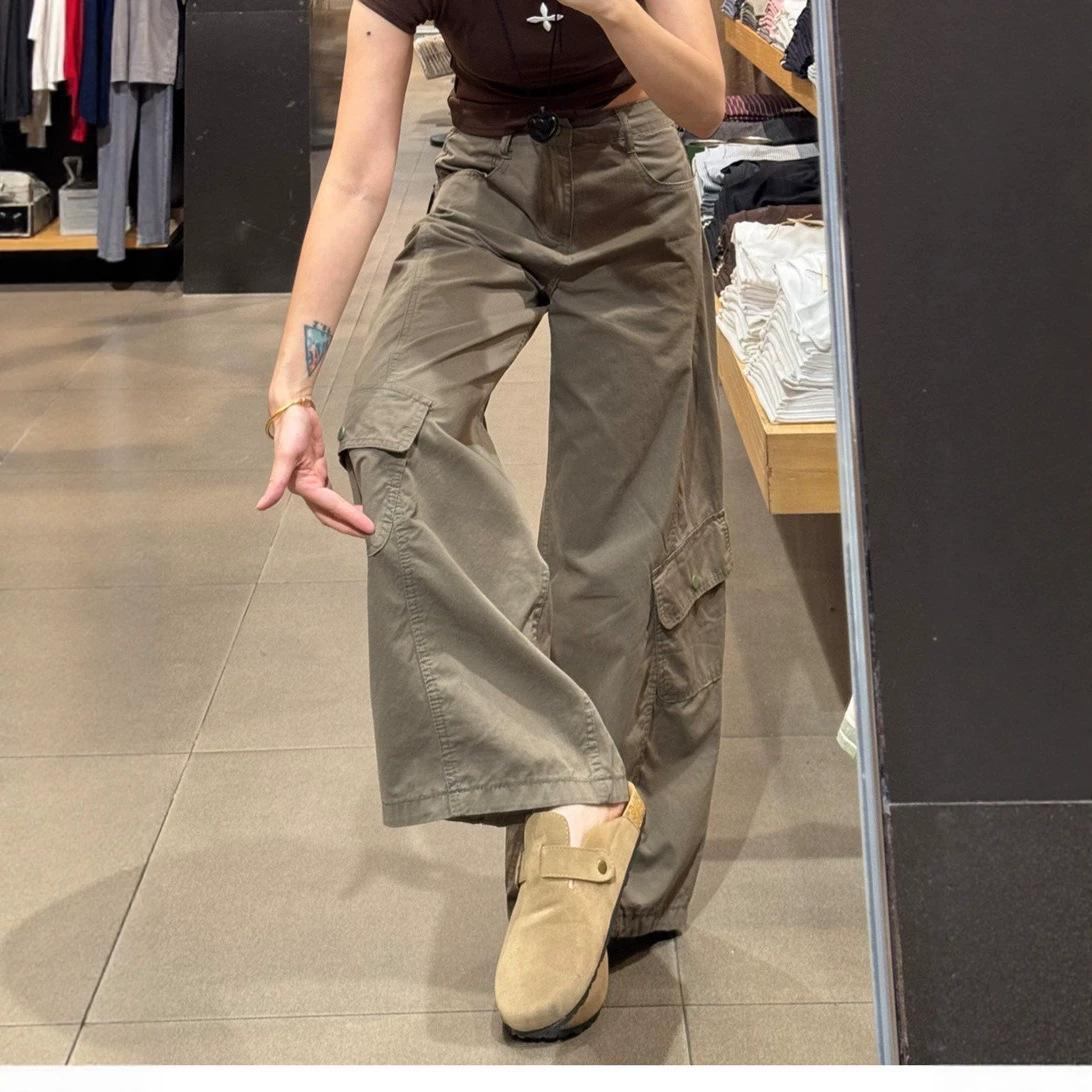 美式复古灰绿色高腰显瘦宽松弯刀工装裤新款时尚多口袋休闲阔腿裤
