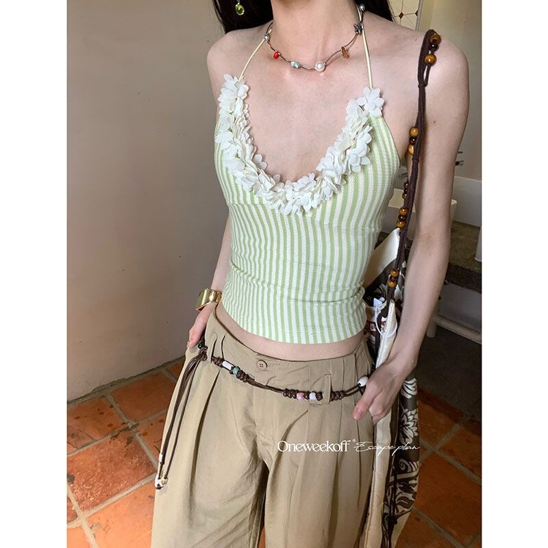 Summer design sexy sleeveless halter top for women, Thai-style lace floral trim vacation style striped halter neck tank top for women Summer design sexy sleeveless halter top for women, Thai-style lace floral trim vacation style striped halter neck tank top for women