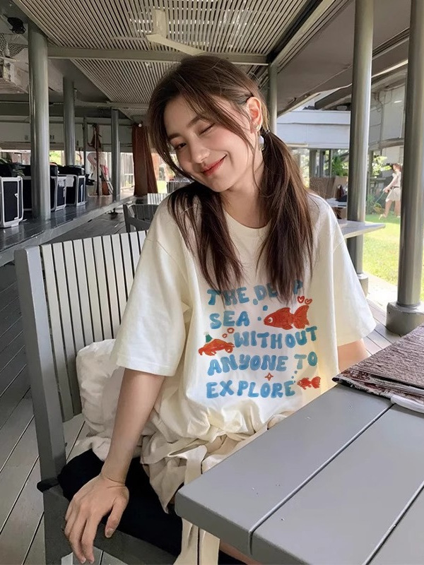 女性用 Tシャツトップス 2025 新作人気夏オフホワイト純綿ルーズ半袖今年人気の美しいシャツ|undefined