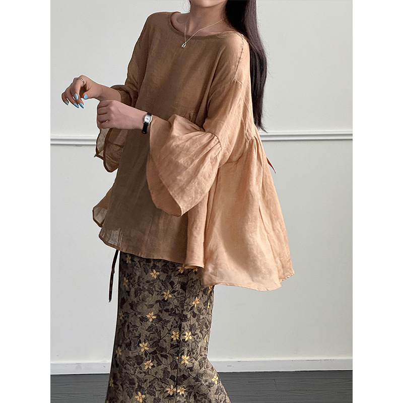Orange Zhi Summer New Korean-Style Ramie Shirt Casual Top Artistic Retro Ramie Top for Women 6537-1 Orange Zhi Summer New Korean-Style Ramie Shirt Casual Top Artistic Retro Ramie Top for Women 6537-1