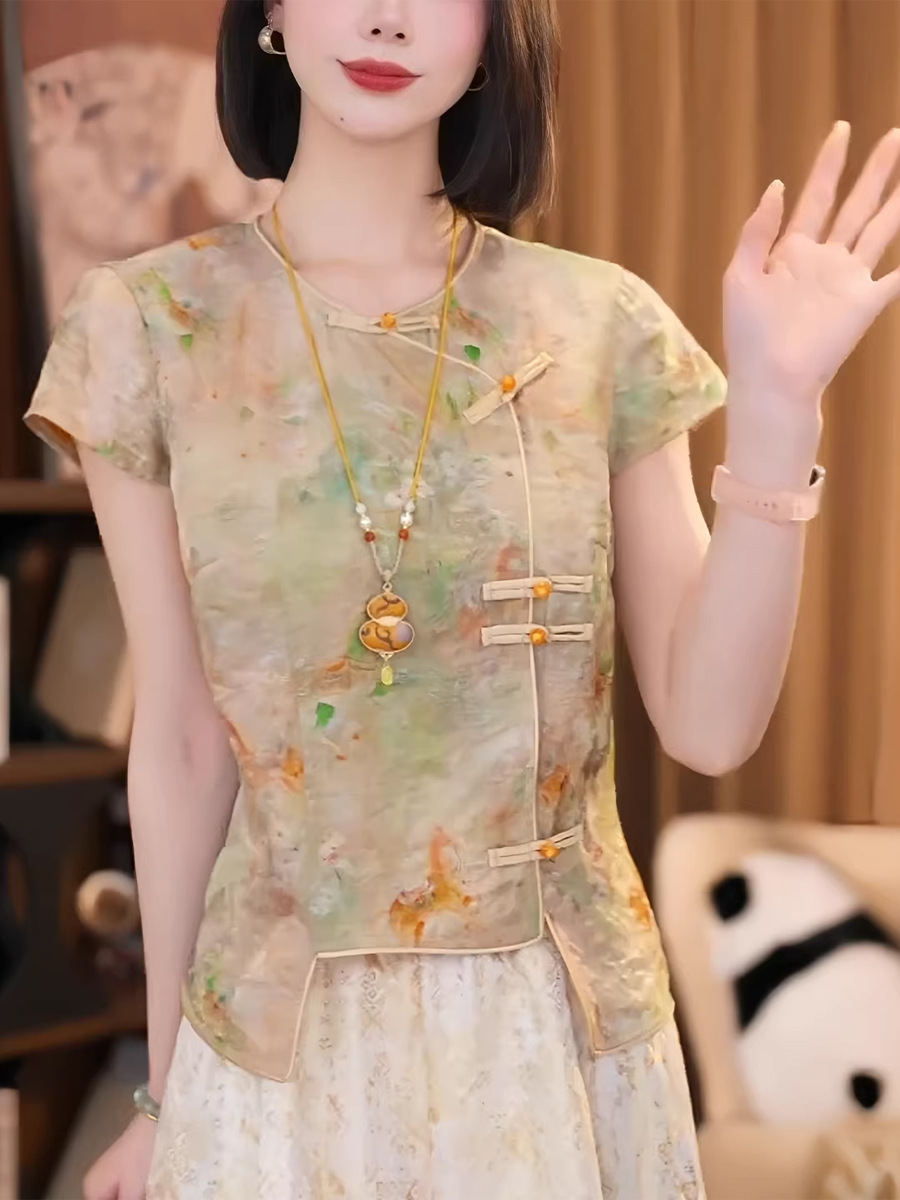 Áo sơ mi nữ ngắn tay lụa Jacquard Guofeng nút áo nhỏ Hương Vân Sa — Màu ảnh