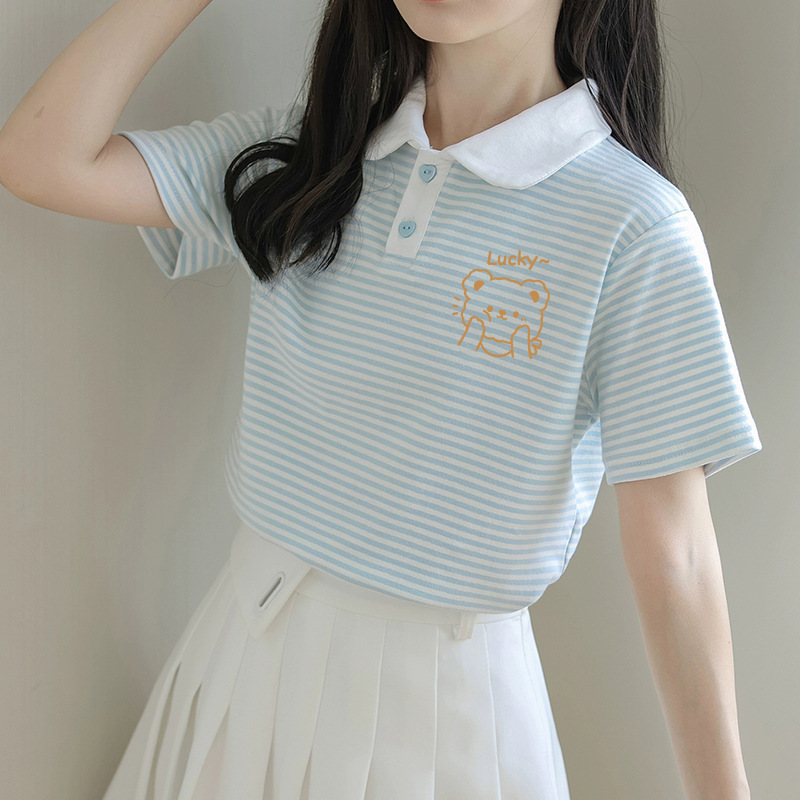 Summer Loose Polo Shirt Lel Japanese Style Sweet College Style Striped Slim Look Short-sleeved T-shirt Women's Soft Cute Top