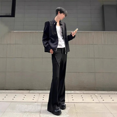 Cleanfit男性式微拉垂感のズボンのしわのデザインの高級感のズボンは長い背の高いストレートパンツをプラスします。