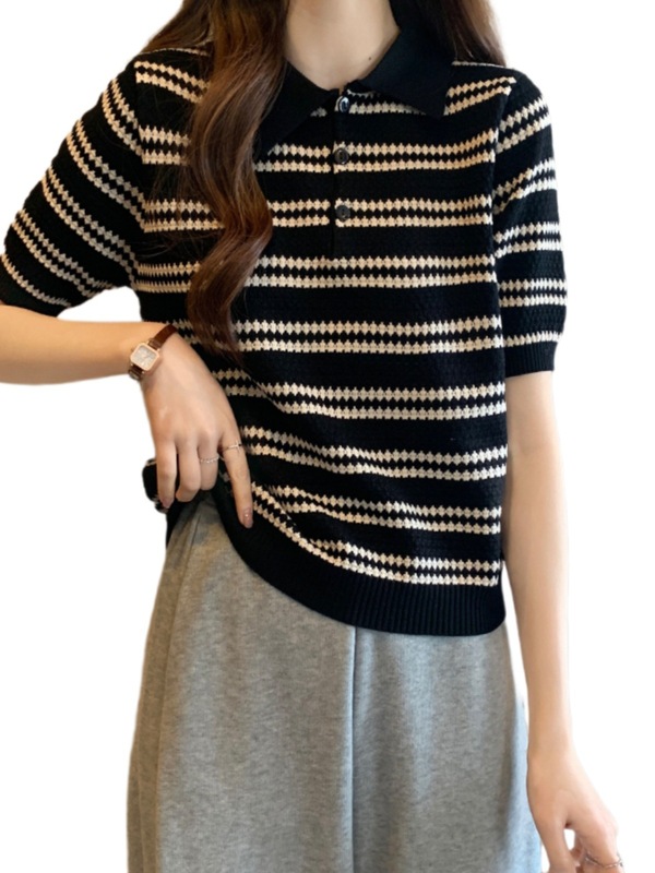 Gejia モールの同じスタイルの女性の 2025 夏ニットルーズスリムポロシャツストライプトップ半袖 Tシャツ女性用|undefined
