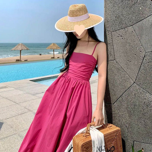 French vacation style pink satin strapless dress for women, summer high-end, waist-cinching, elegant, large swing long dress