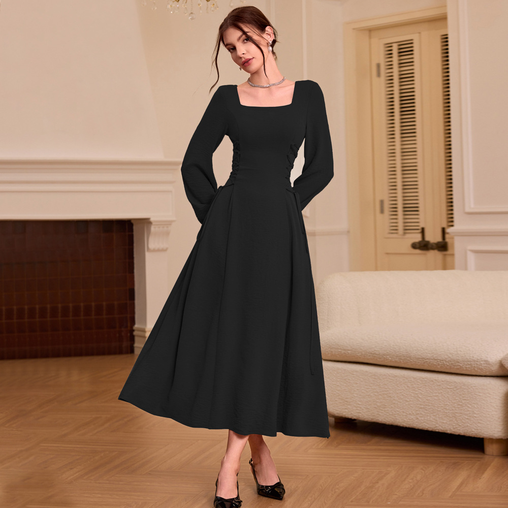 French Square Neck Burgundy Long Sleeve Dress Vintage Style Slim Fit Autumn Winter Wholesale Available