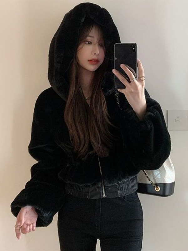 短款仿兔毛绒皮草外套女2024年冬季加厚棉服小个子毛茸茸连帽卫衣|undefined