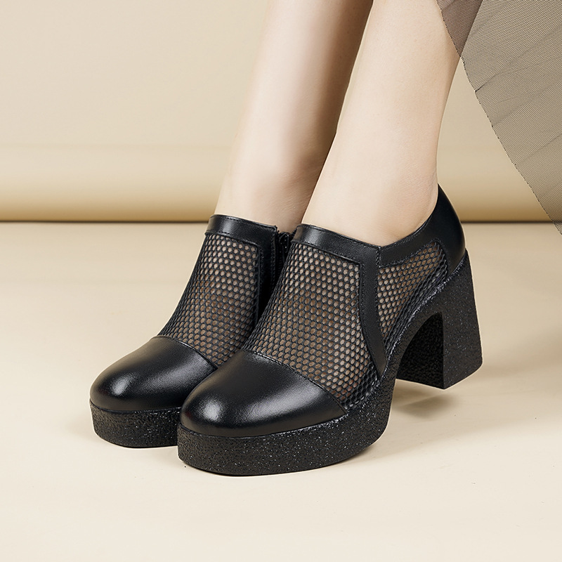 Giày sandal cao gót nữ da lưới mũi kín gót dày đế dày — đen