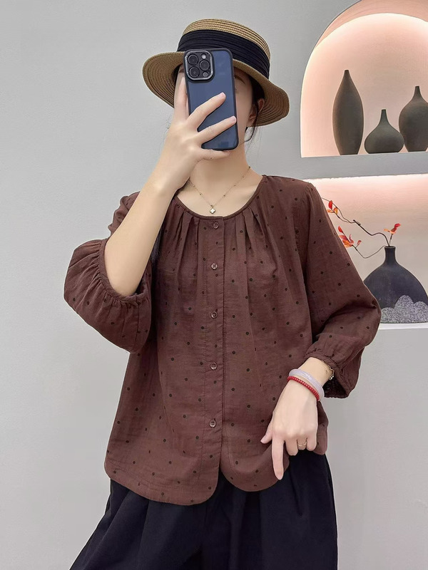 文艺小碎花印花圆领双层棉纱衬衫女秋季新款宽松大码休闲显瘦上衣|undefined