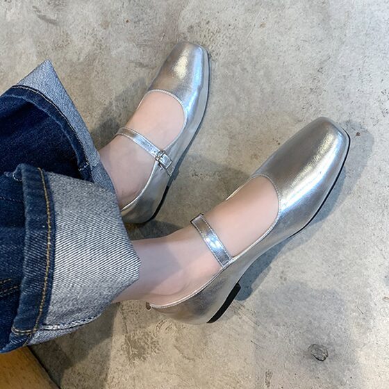 Real Cowhide 2024 New Style Elegant Vintage Mary Jane Shoes Ballet Shoes Fairy Style Small Leather Shoes Silver Leather Shoes
