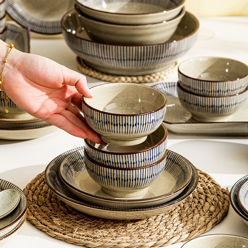 Japanese Retro Ceramic Bowl and Dish Set, High-End Household Rice Bowl, Soup Bowl, Plate, Bowl, Tableware, Modern Housewife's Same Style