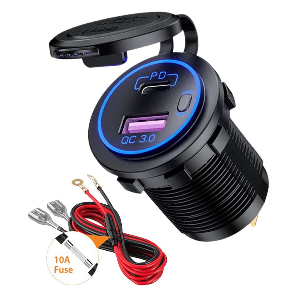 Cargador de modificación de coche con interruptor QC3.0 + PD cargador de coche interfaz TYPE-C botón de control de potencia con cable