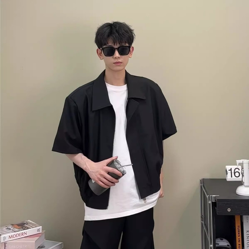 Shoulder Pad Short-sleeved Jacket Men's Summer New Superior High-end Men's Black Short Bomber Jacket
