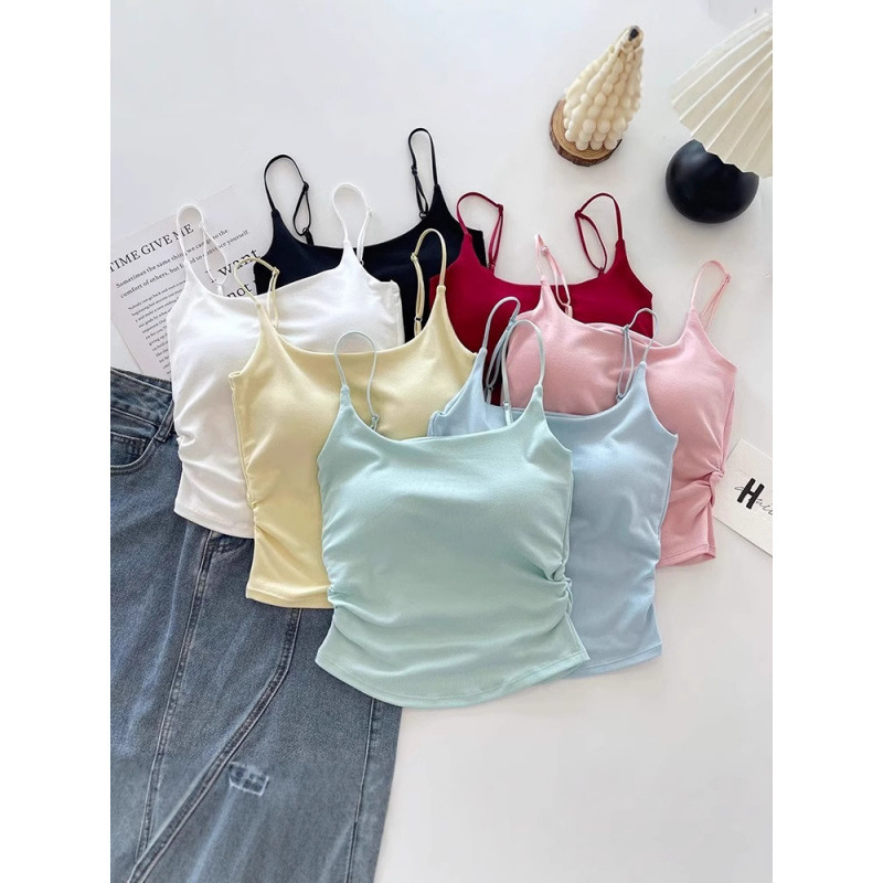 Pure Desire Style Sweet and Spicy Design Pleated Camisole Women's Belt Chest Pad One-piece Cup Inner Wearing Outer Wearing Beautiful Back Top for Women