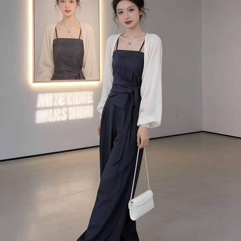 Korean-Style Fashion Cardigan with a Rich Lady's Vibe, Stylish Design, Camisole, Women's Spring-Summer Lightweight Wide-Leg Pants Three-Piece Set
