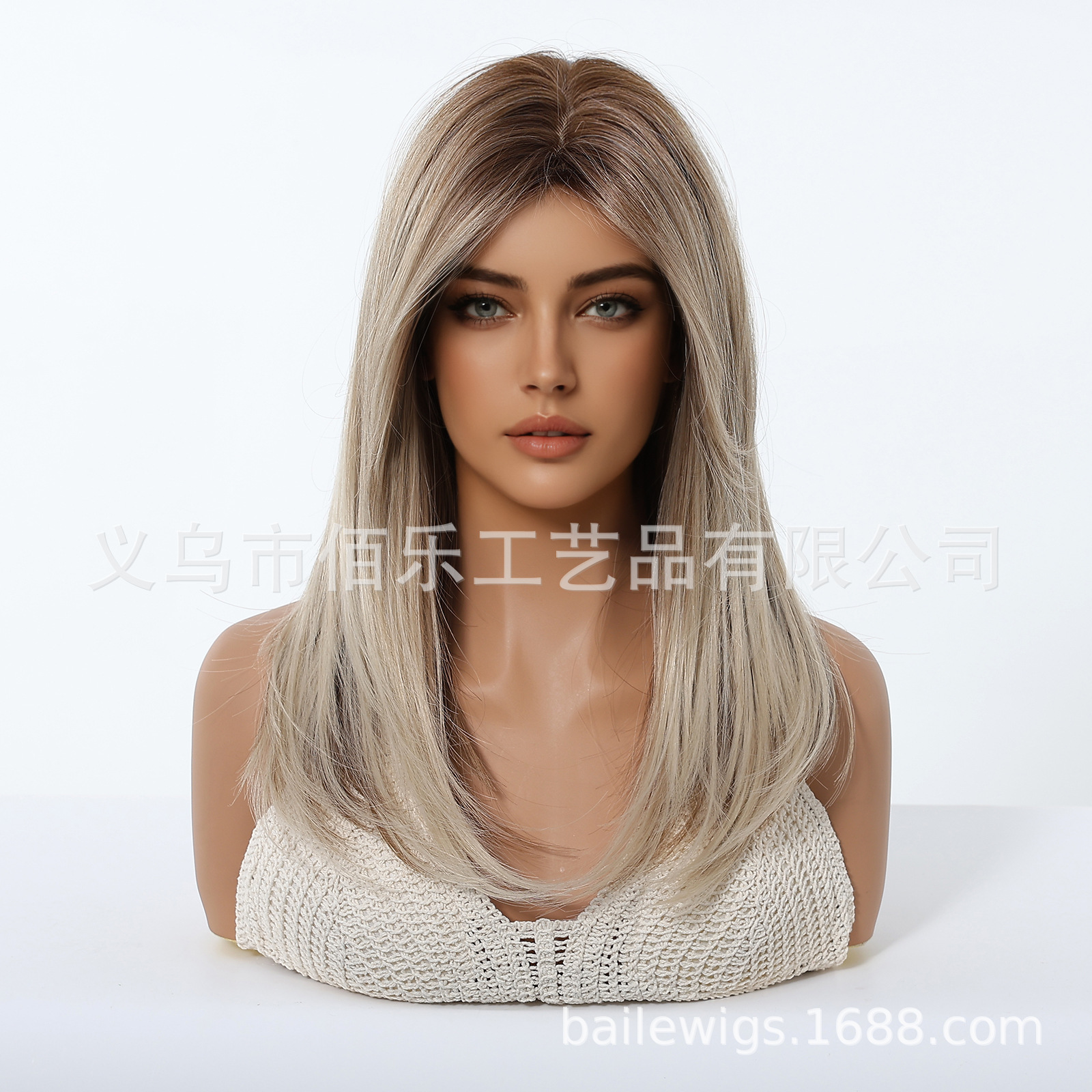 Peluca de gran venta transfronteriza con flequillo dorado, degradado marrón en la parte superior, cabello largo y liso en capas, popular en Europa y América.