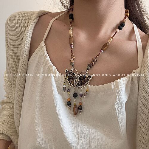 Butterfly Tassel Natural Stone Beaded Necklace Women's New Chinese Style Retro Ethnic Choker Necklace Unique Design Statement Necklace