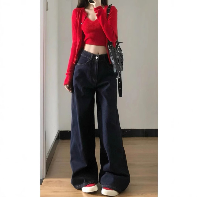 Spring and Autumn Retro Dark Blue Wide Leg Jeans Small High Waist Straight-Leg Loose Tube Pants Floor-Mopping Slim Drape Pants
