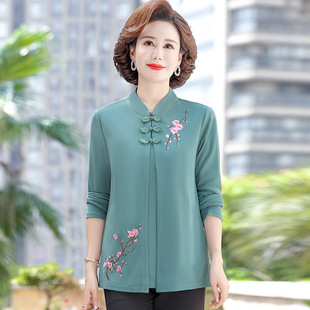 New Spring Mother's Wear Fake Two-Piece Knitwear Embroidered Top Spring & Fall Middle-Aged and Elderly Women's Stand-Up Collar T-Shirt