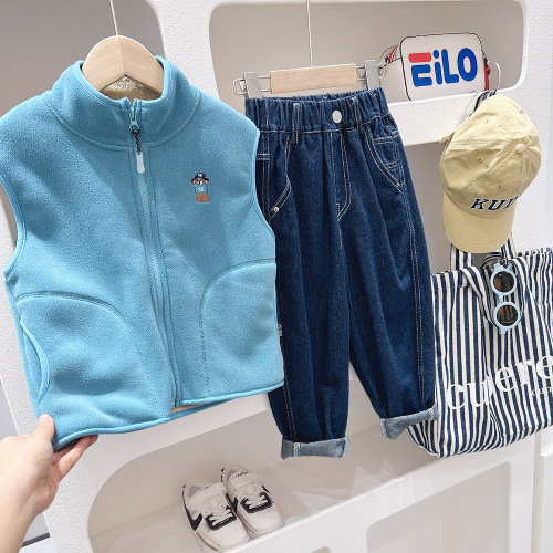 Boys Alpaca Cartoon Vest  Autumn and Winter Children's Clothes Children's Velvet Vest Thickened Zipper Jacket Waistcoat
