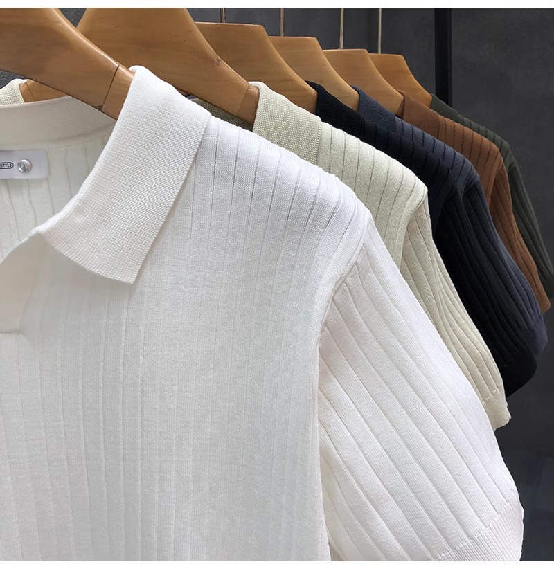 Herren Polohemd Gestrickt Gestreift Eisseide Kurzarm V-ausschnitt_voghion.com
