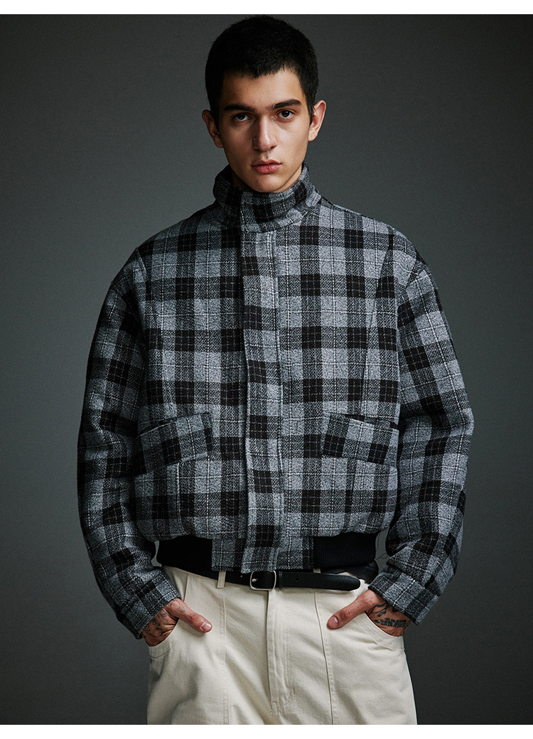 Men's Clothing Retro Stand Collar Plaid Woolen Coat Vintage Design Cotton Coat_voghion.com