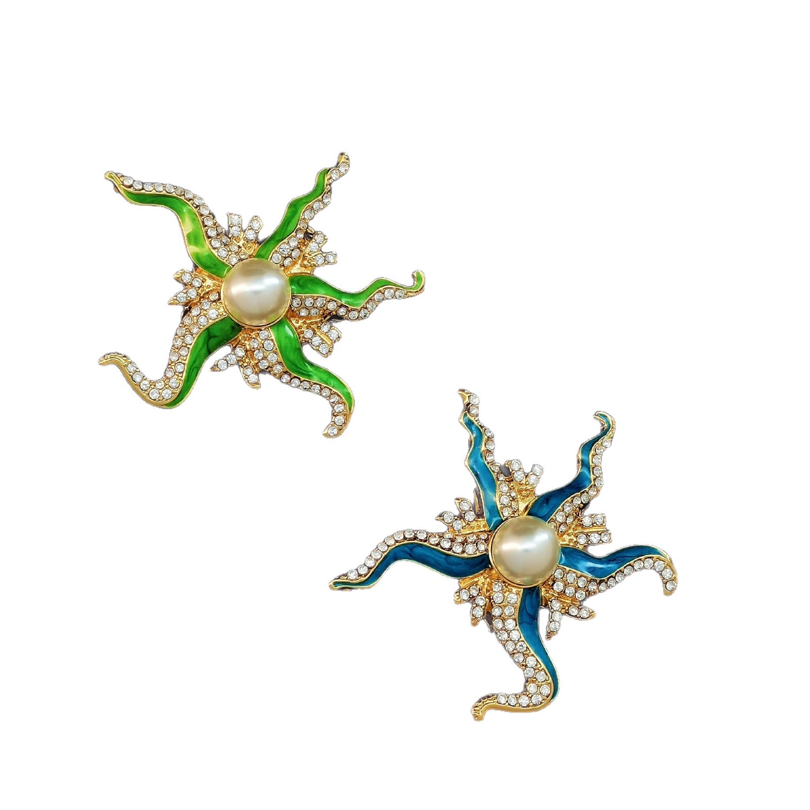 Europäisch-amerikanische Brosche im Zirkon-besetzten Emaille-Stil mit grün-blauen Perlen und unregelmäßigem Seestern in leuchtendem Gold, modisch und_voghion.com