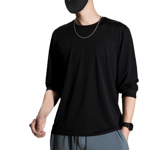 Sunscreen quick-drying mesh long-sleeve T-shirt for men, ice silk thin style, sportswear fitness running loose large size round neck base shirt