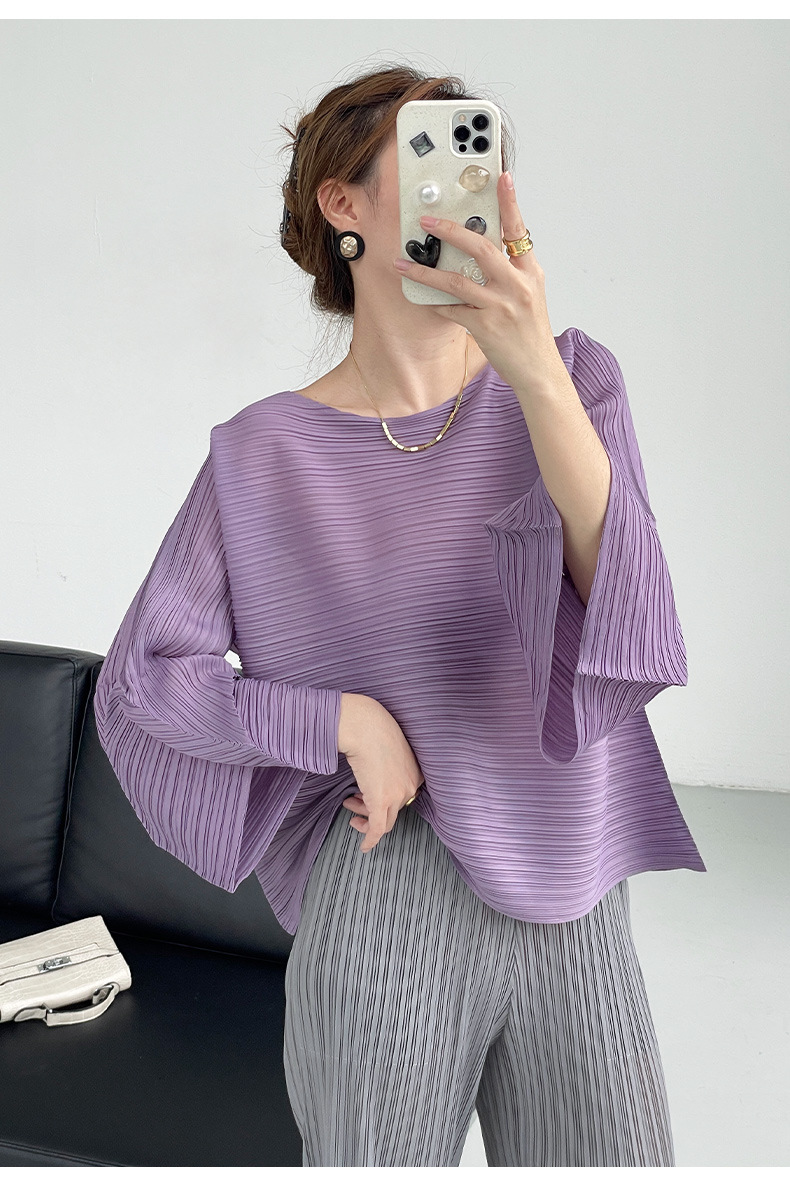 Áo thun nữ dài tay cổ tròn xếp ly giảm béo phong cách Miyake — Màu xanh lam nhạt chi tiết 16