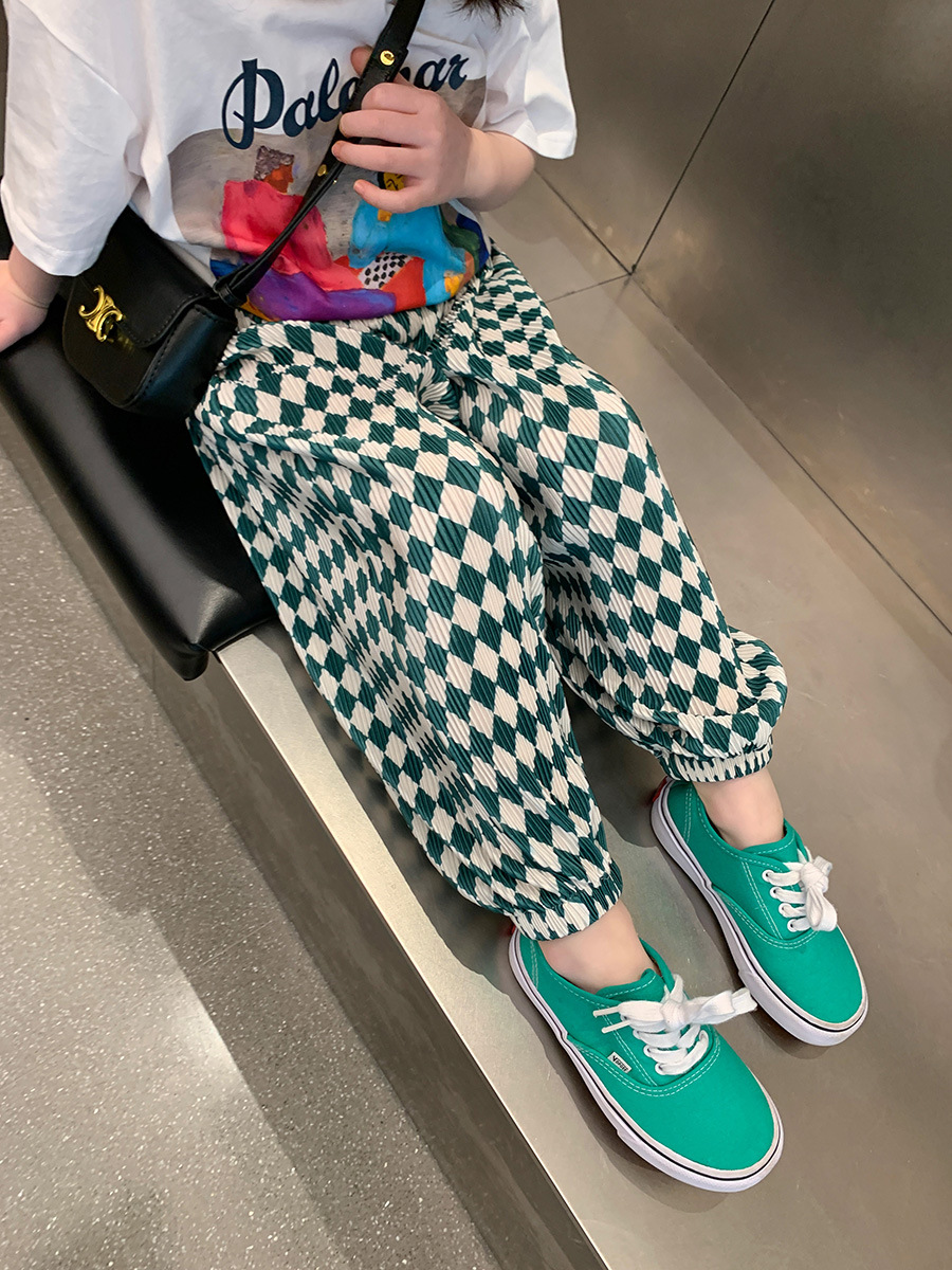1089# Ice Silk Girls' Casual Pants 2024 New Style Children's Plaid Pants for Baby Girls Spring and Summer Sports Pants