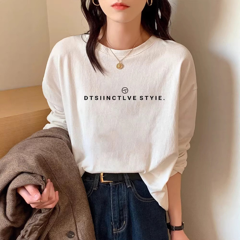100% Pure Cotton White Loose Long-Sleeved T-Shirt for Women, Spring and Autumn Inner Layering Shirt, Loose Round Neck Letter Print Top 100% Pure Cotton White Loose Long-Sleeved T-Shirt for Women, Spring and Autumn Inner Layering Shirt, Loose Round Neck Letter Print Top