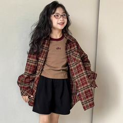 小红鱼女童衬衫春秋款2025新款儿童美式复古红色格子磨毛宽松衬衣