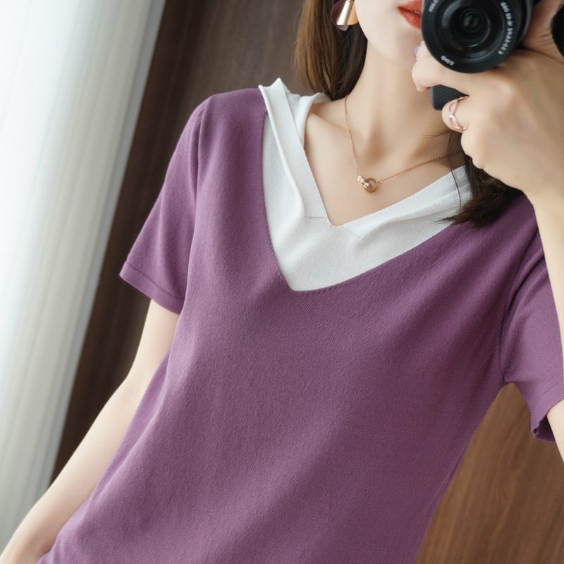 Summer Ice Silk Thin Knitted Short-sleeved T-shirt Women's Fake Two-piece Hooded Loose Top Sunscreen Hoodie Half-sleeved Trendy