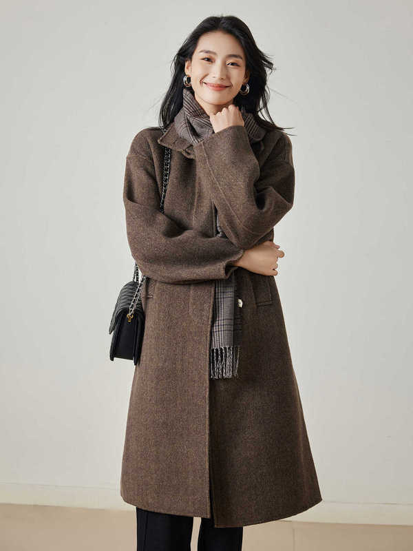 高级感羊毛女秋冬季2025老钱风大衣高级感人字纹双面毛呢中长外套|undefined