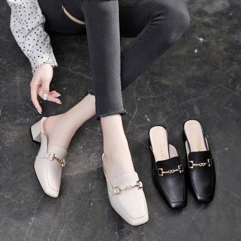 Moda de comercio exterior zapatillas de raíz cuadrada de moda universal de mujer ligera un pedazo de ropa de moda de fotos de película explosiva negro image 4