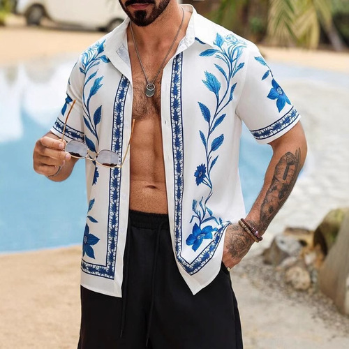 2025 Summer Men's Casual Fashion Trendy Versatile Print Short-Sleeve Shirt Breathable