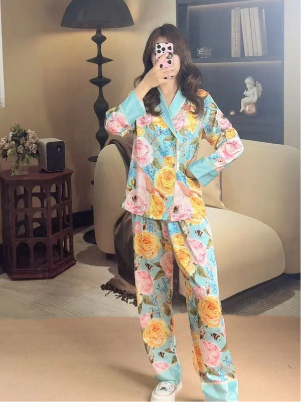 春夏油画鲜花休闲居家清凉睡衣V领套装女舒适时尚洋气两件套女装|undefined