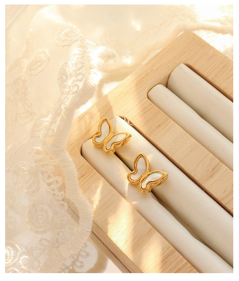 fashion simple butterfly inlaid shell titanium steel necklace earrings