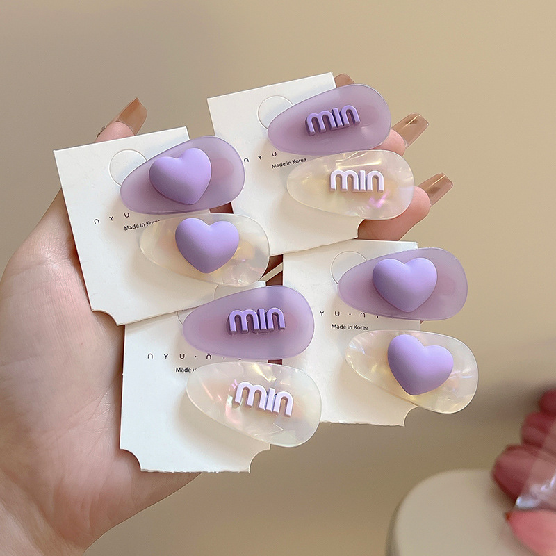 Miumiu Purple Acetic Acid Small Hair Clip for Women, Korean Heart Letter Earside Clip, Forehead Fringe Clip, Duckbill Hair Pin