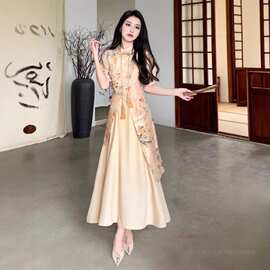 新中式国风女装改良旗袍碎花连衣裙2025秋季感气质收腰显瘦长裙子