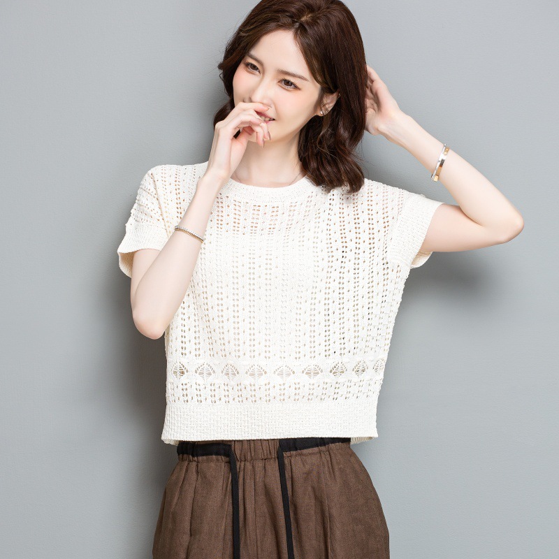 夏ハイウエストショート中空リネンニット半袖 Tシャツ女性のための 2025 新しいファッション薄型通気性 Tシャツトップ|undefined