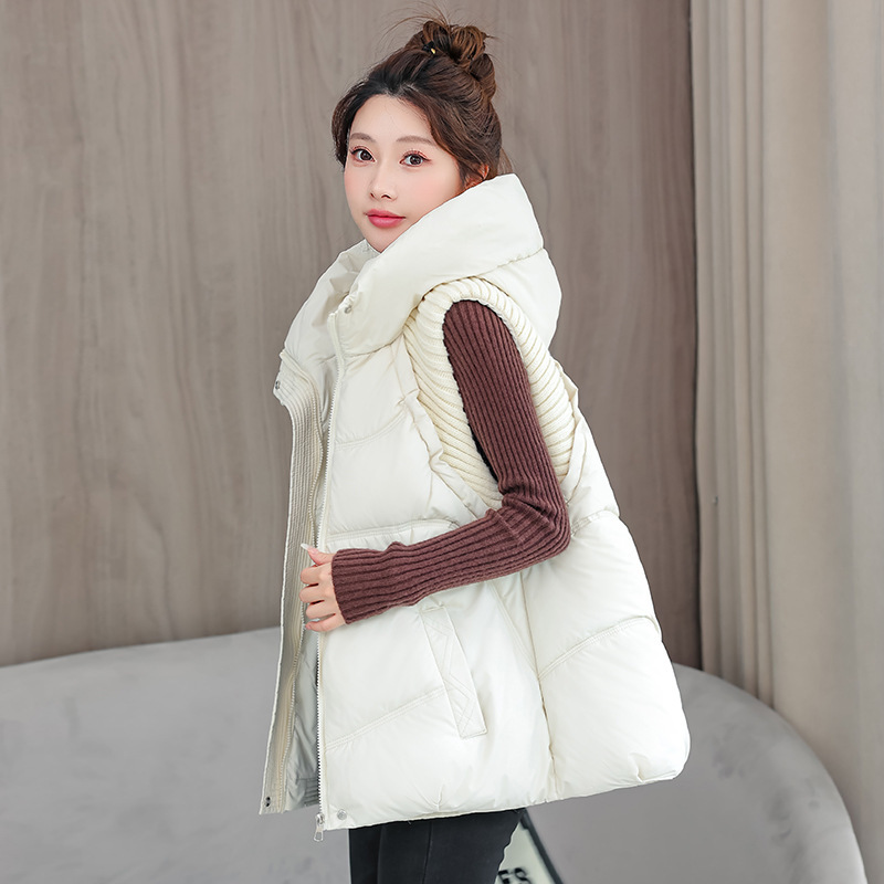 Autumn New Style down Cotton Vest Women's Short Knitted Splicing Hooded Vest Cotton Vest Vest Jacket Trendy