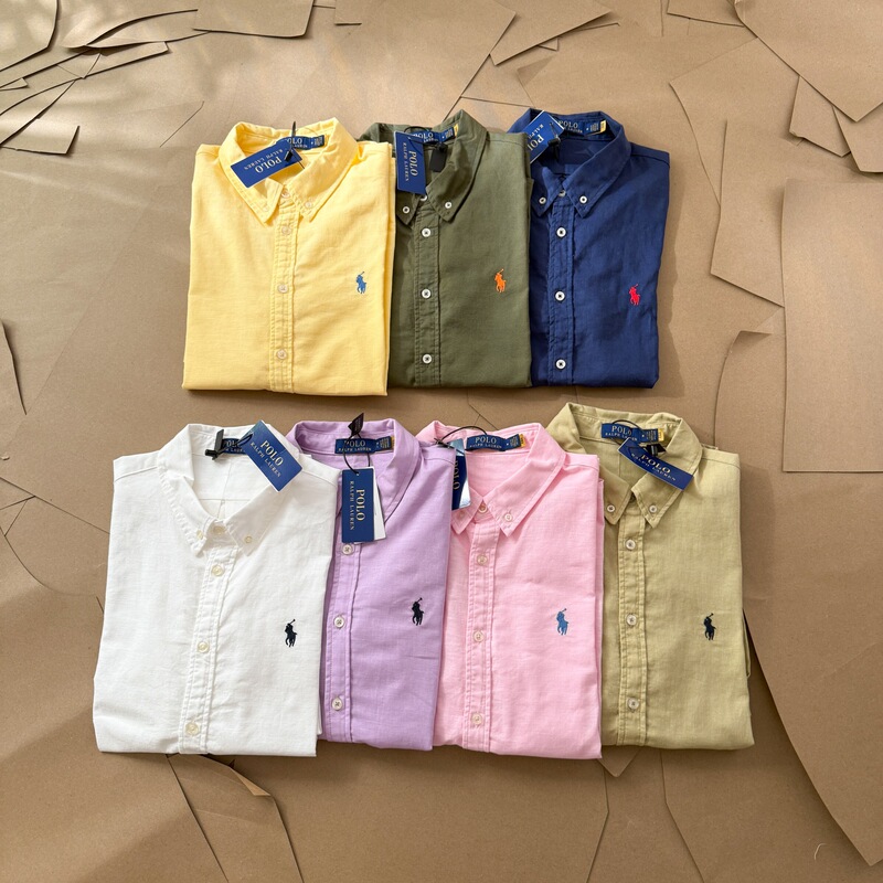 Foreign Trade Rl Ralph Lauren Qr Code Scannable Polo Pony Logo Embroidered Cotton Linen Pure Color Long-Sleeve Shirt for Men and Women