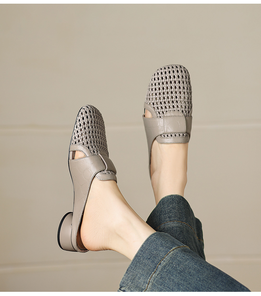 Sandal nữ quai chữ V mũi kín phong cách vintage gót thấp — đen chi tiết 7