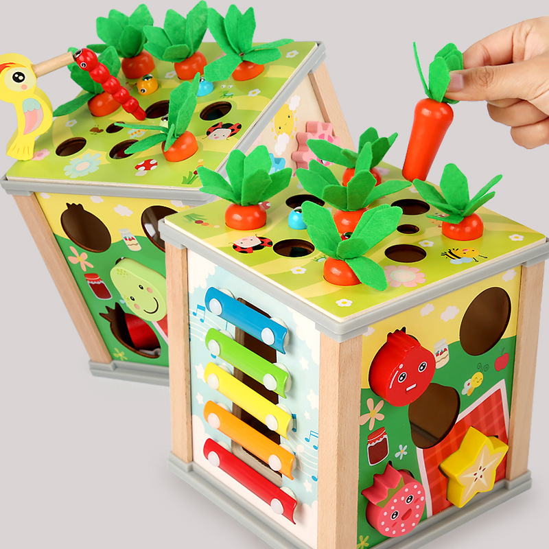 Caja de tesoro multifuncional nueve en uno de madera para niños de CPC CE transfronterizo que toca el piano y tira de bloques de construcción a juego de frutas de rábano