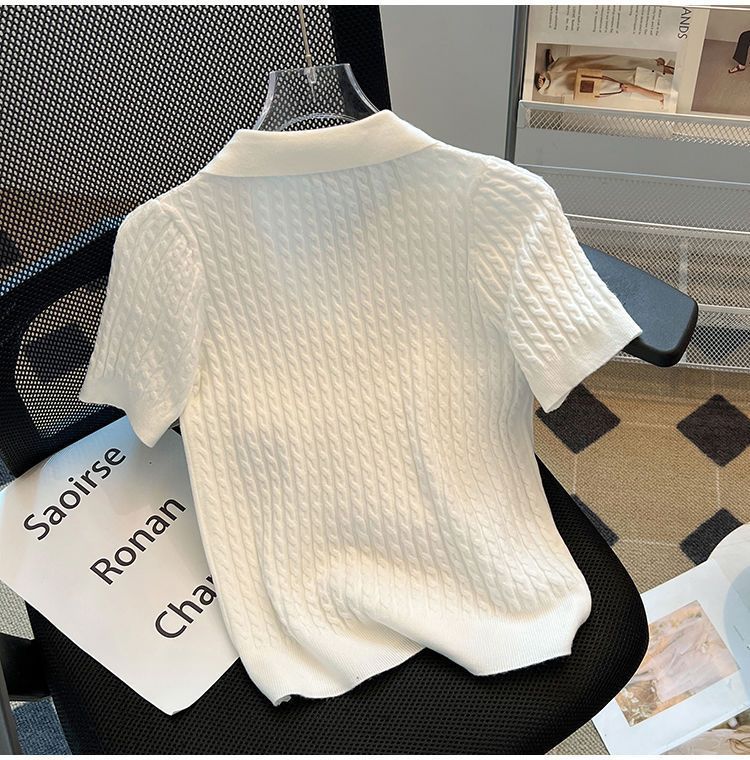 Polo Collar Ice Silk Knit Top For Women, Thin Loose Fit, Slimming, Plus Size, Short Sleeve T-Shirt_ecoleips.com