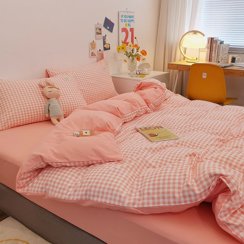 裸で寝るためのピュアウォッシュコットン4点セット、肌に優しいインベッドシーツと掛け布団カバー、小さな親の新しい寮のベッドとボックスシーツの3点セット|undefined