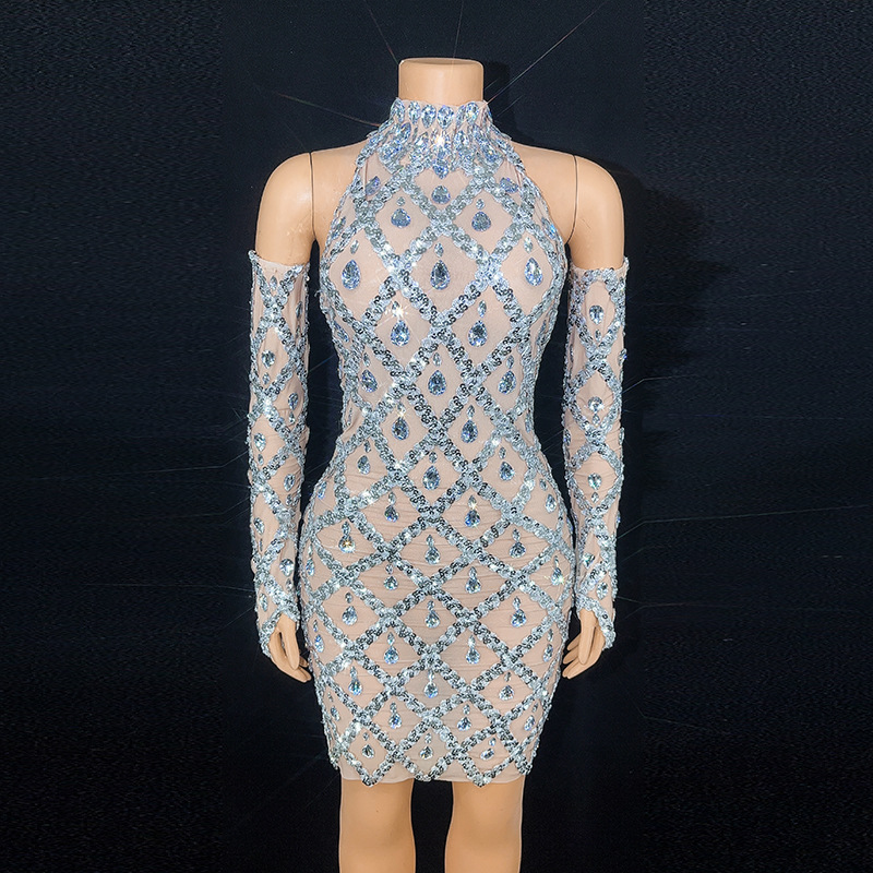 New product creative 2024 Amazon shiny diamond evening dress dress gloves Europe and the United States rhinestones