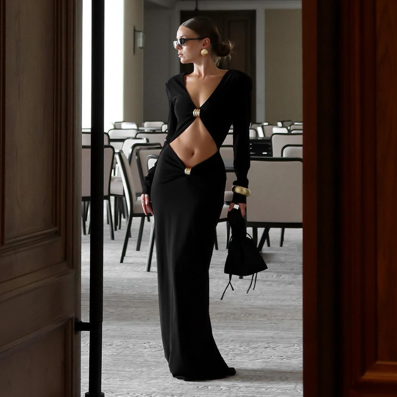 D311Ds European and American Cross-Border Fashion Sexy Deep V Neck Navel-Baring Metal Decorative Buckle Pure Color Long-Sleeved Long Dress D311Ds European and American Cross-Border Fashion Sexy Deep V Neck Navel-Baring Metal Decorative Buckle Pure Color Long-Sleeved Long Dress